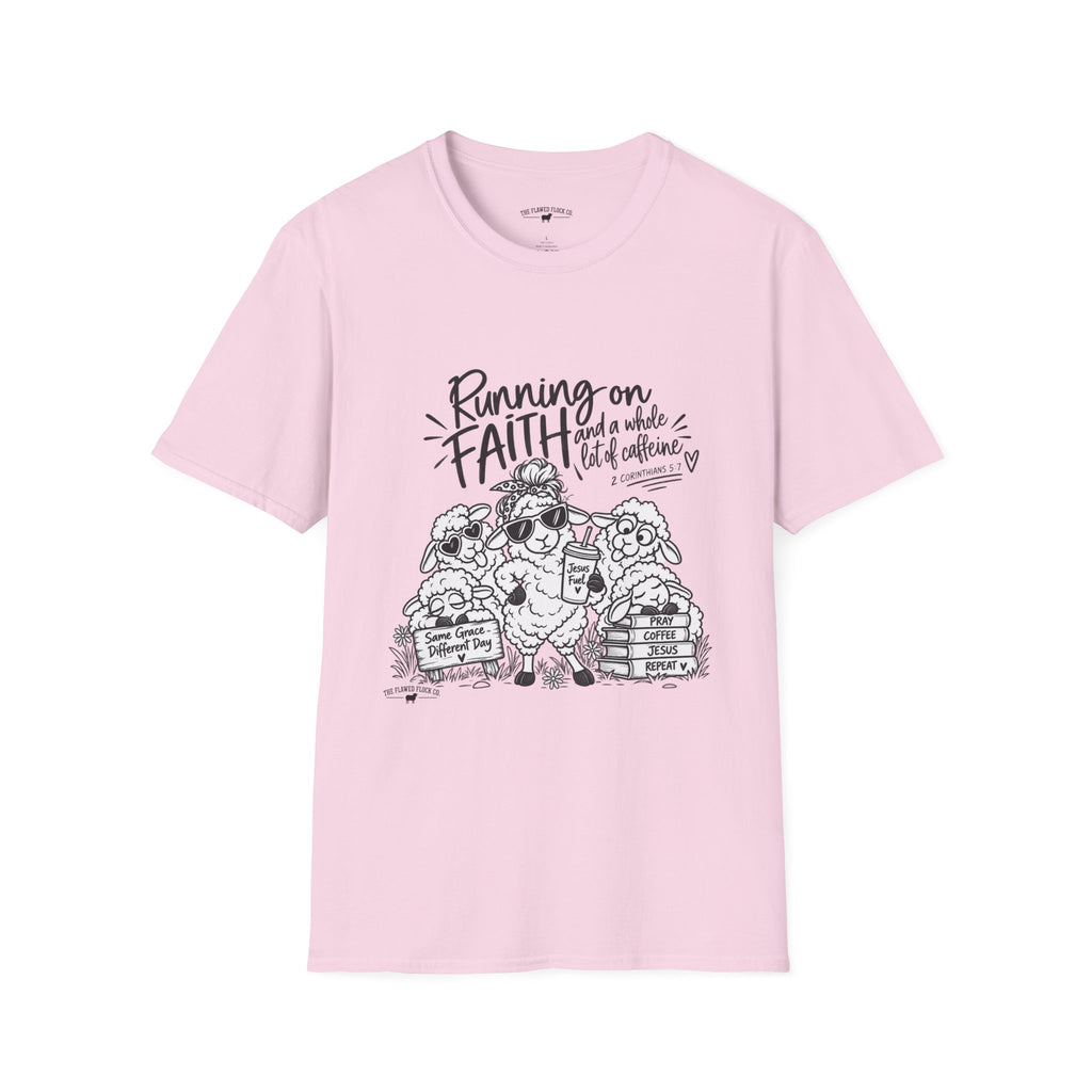 Running on Faith Christian Sheep T-Shirt – Pray Coffee Jesus Repeat Graphic Tee