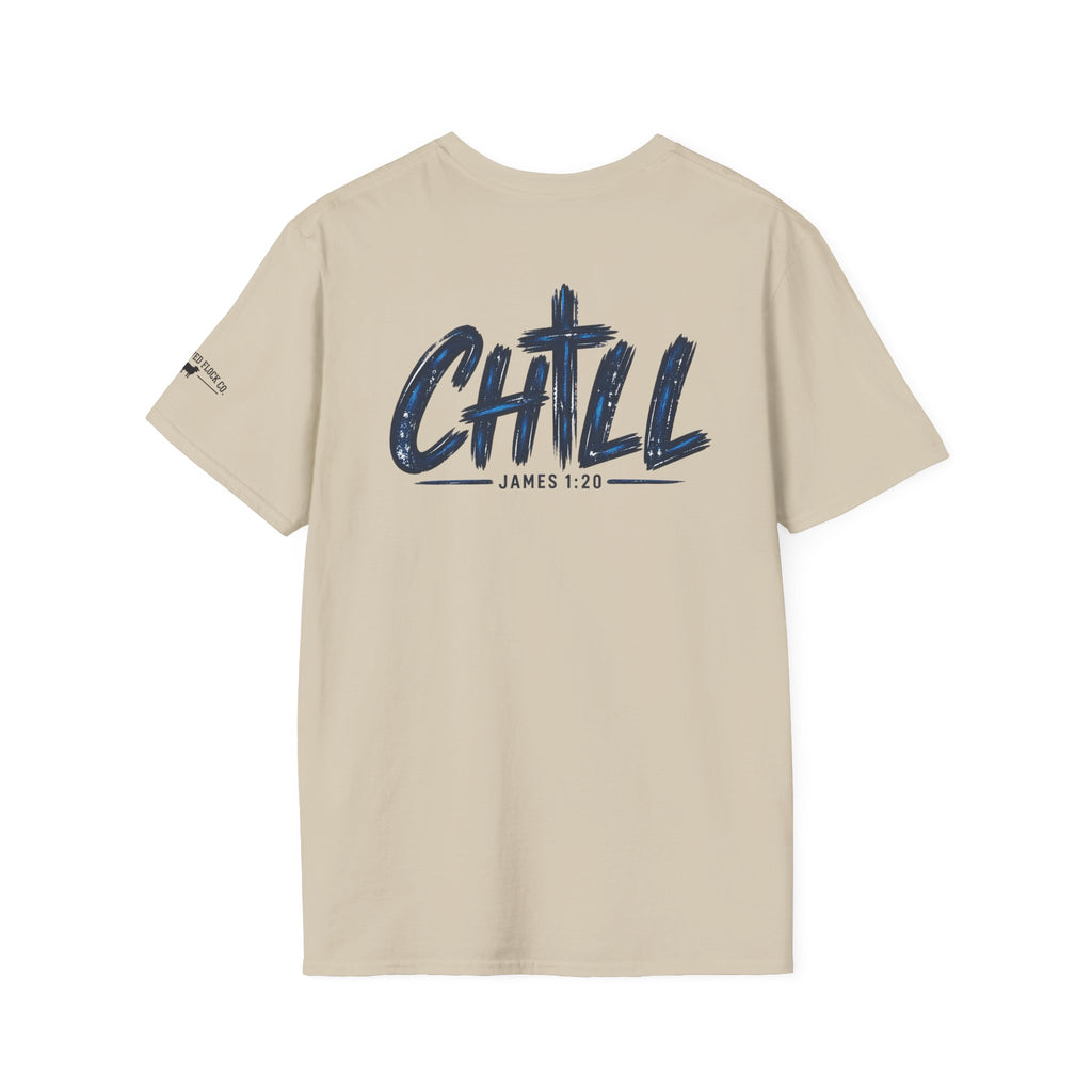 Chill Christian Men’s T-Shirt – James 1:20 Back Print Faith Tee