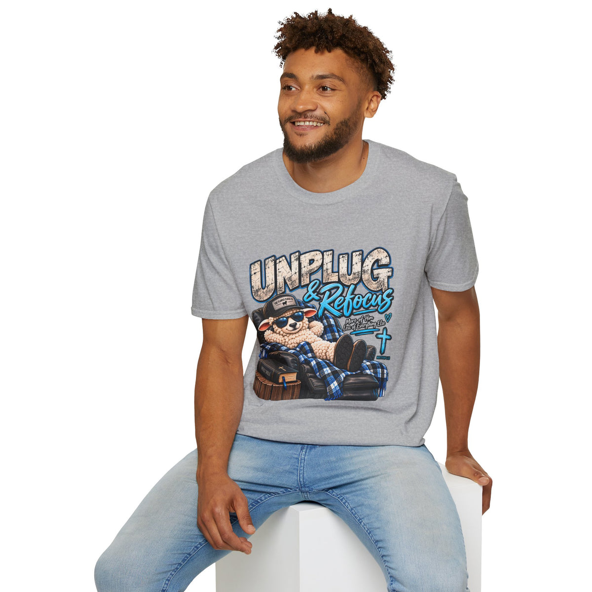 Unplug & Refocus Christian Sheep T-Shirt – Matthew 6:33 Faith Graphic Tee