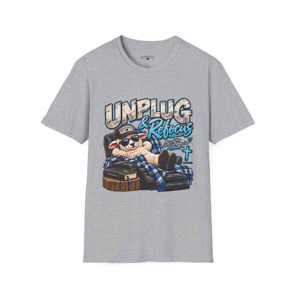 Unplug & Refocus Christian Sheep T-Shirt – Matthew 6:33 Faith Graphic Tee