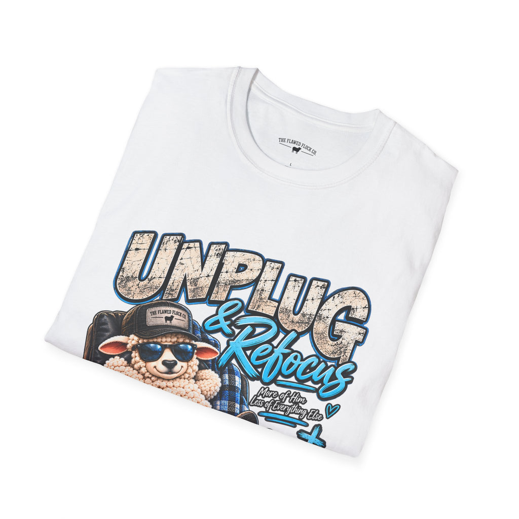 Unplug & Refocus Christian Sheep T-Shirt – Matthew 6:33 Faith Graphic Tee