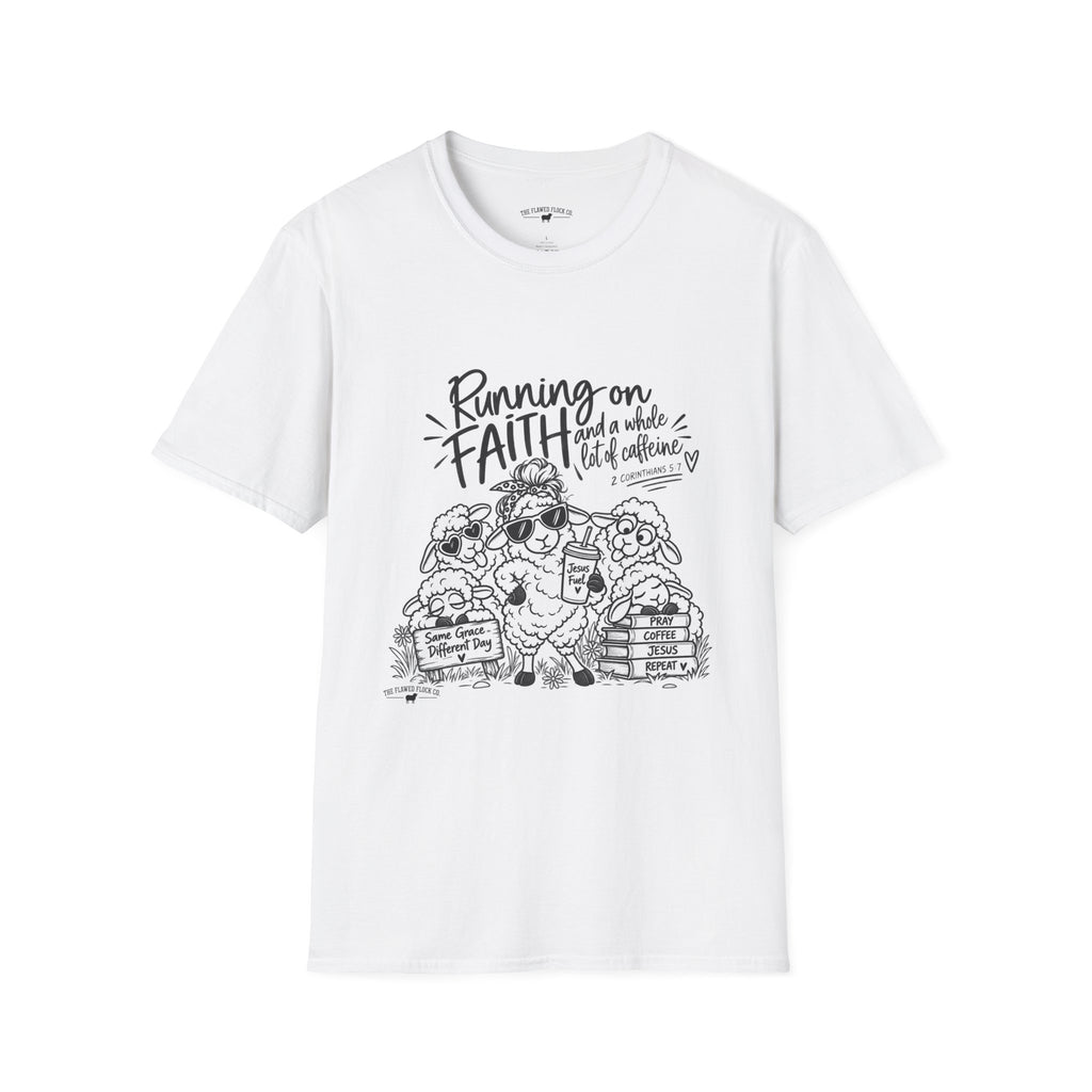 Running on Faith Christian Sheep T-Shirt – Pray Coffee Jesus Repeat Graphic Tee