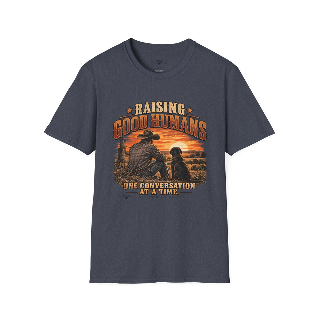 Raising Good Humans Christian Men’s T-Shirt – Deuteronomy 6:6–7 Faith & Fatherhood Tee
