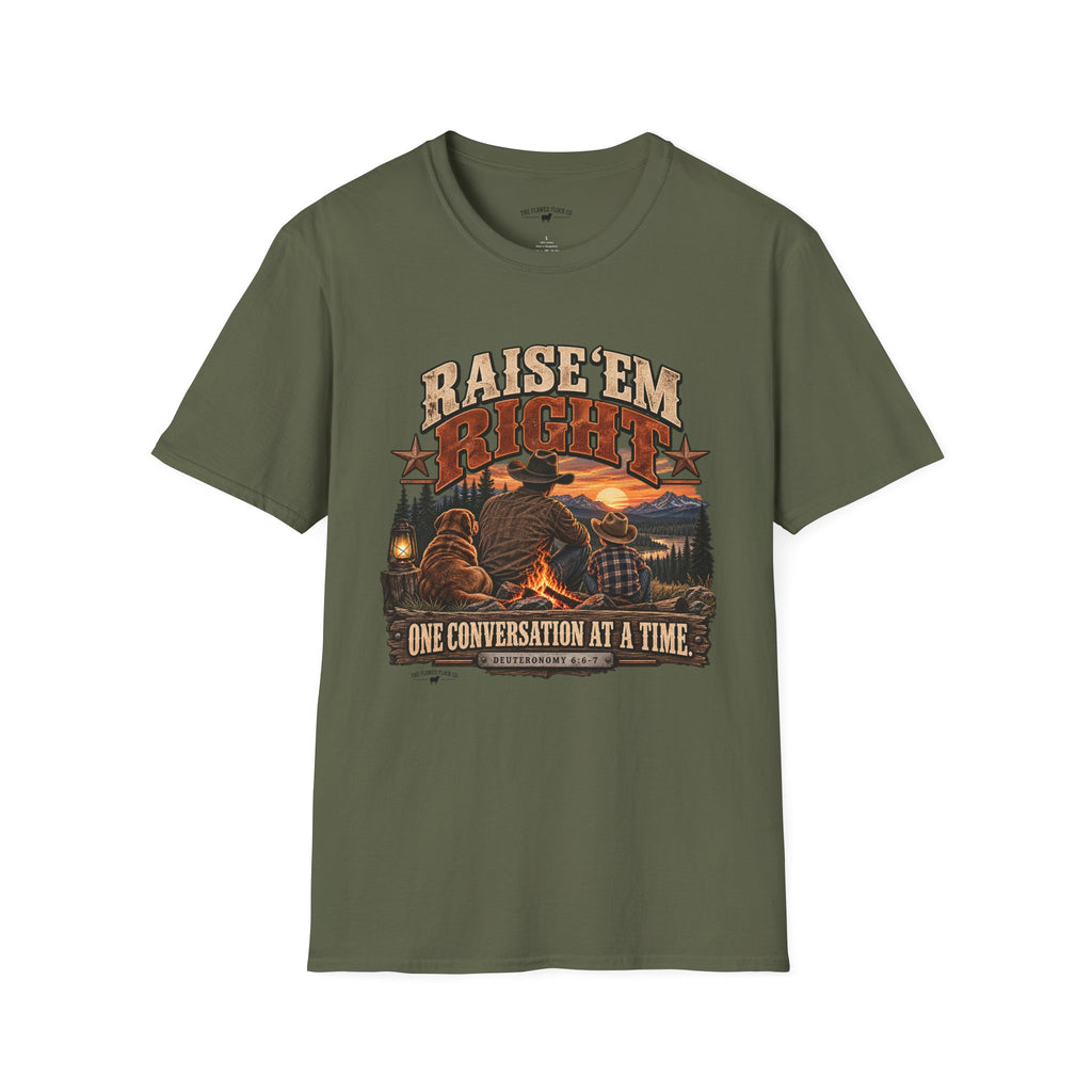 Raise ’Em Right Christian Men’s T-Shirt – Deuteronomy 6:6–7 Fatherhood Tee
