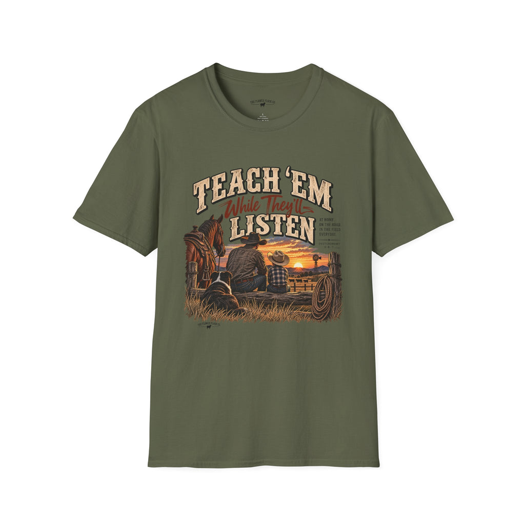 Teach ’Em While They’ll Listen Christian Men’s T-Shirt – Deuteronomy 6:6–7 Father & Son Faith Tee