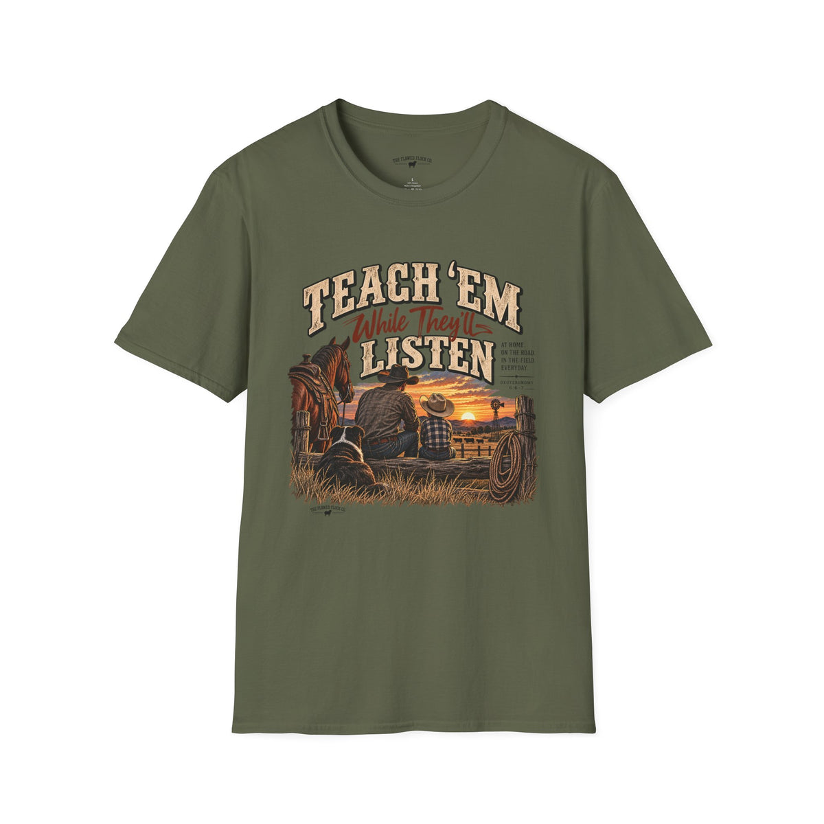 Teach ’Em While They’ll Listen Christian Men’s T-Shirt – Deuteronomy 6:6–7 Father & Son Faith Tee