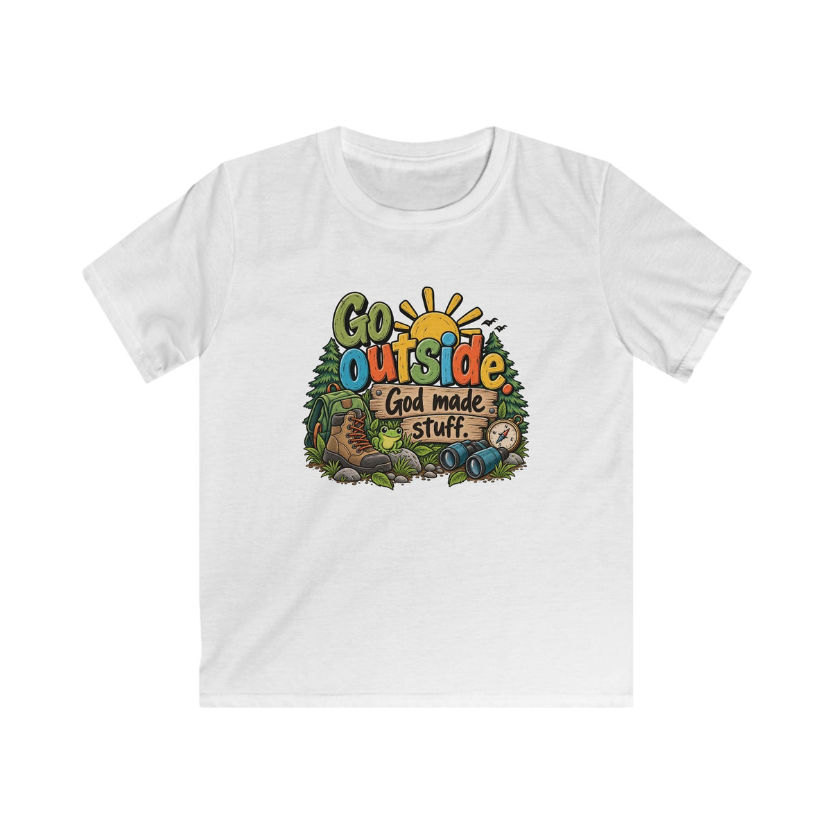 Go Outside. God Made Stuff. Kids Christian T-Shirt – Funny Outdoor Faith Tee
