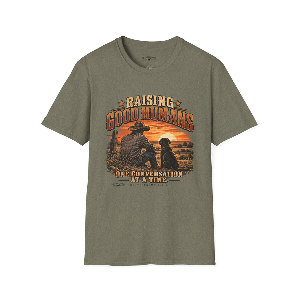 Raising Good Humans Christian Men’s T-Shirt – Deuteronomy 6:6–7 Faith & Fatherhood Tee