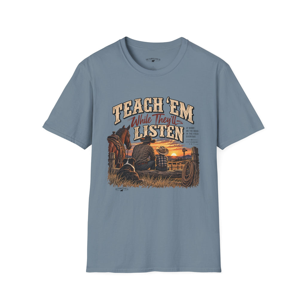 Teach ’Em While They’ll Listen Christian Men’s T-Shirt – Deuteronomy 6:6–7 Father & Son Faith Tee