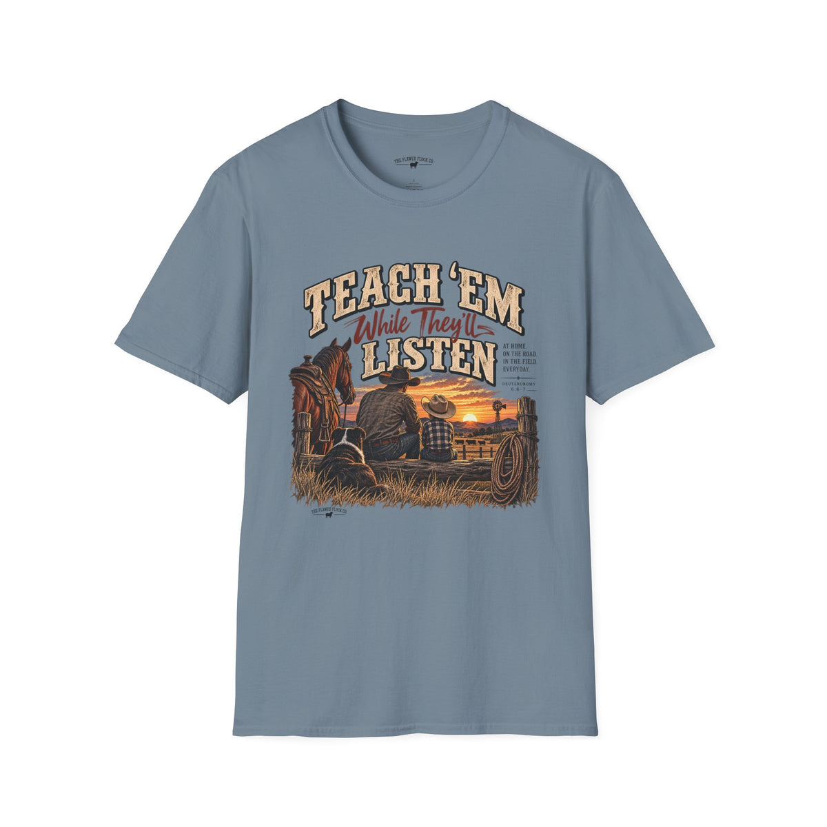 Teach ’Em While They’ll Listen Christian Men’s T-Shirt – Deuteronomy 6:6–7 Father & Son Faith Tee