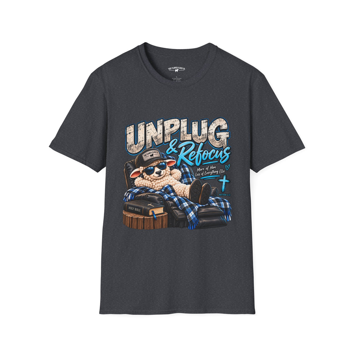 Unplug & Refocus Christian Sheep T-Shirt – Matthew 6:33 Faith Graphic Tee