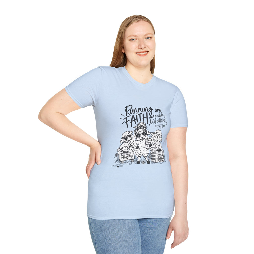 Running on Faith Christian Sheep T-Shirt – Pray Coffee Jesus Repeat Graphic Tee