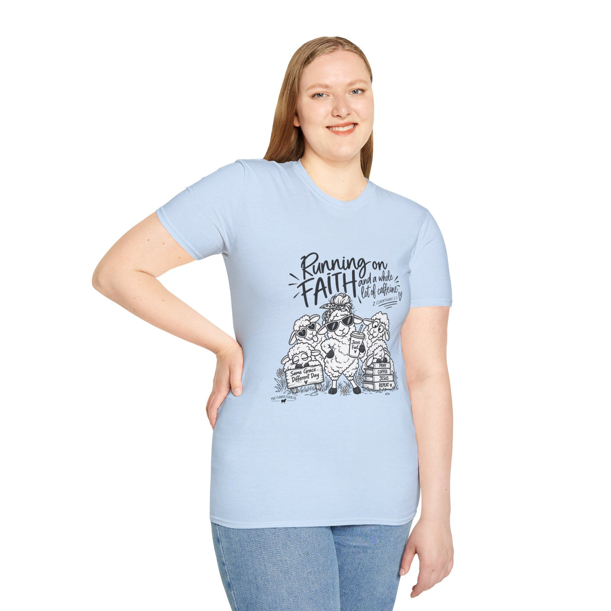 Running on Faith Christian Sheep T-Shirt – Pray Coffee Jesus Repeat Graphic Tee