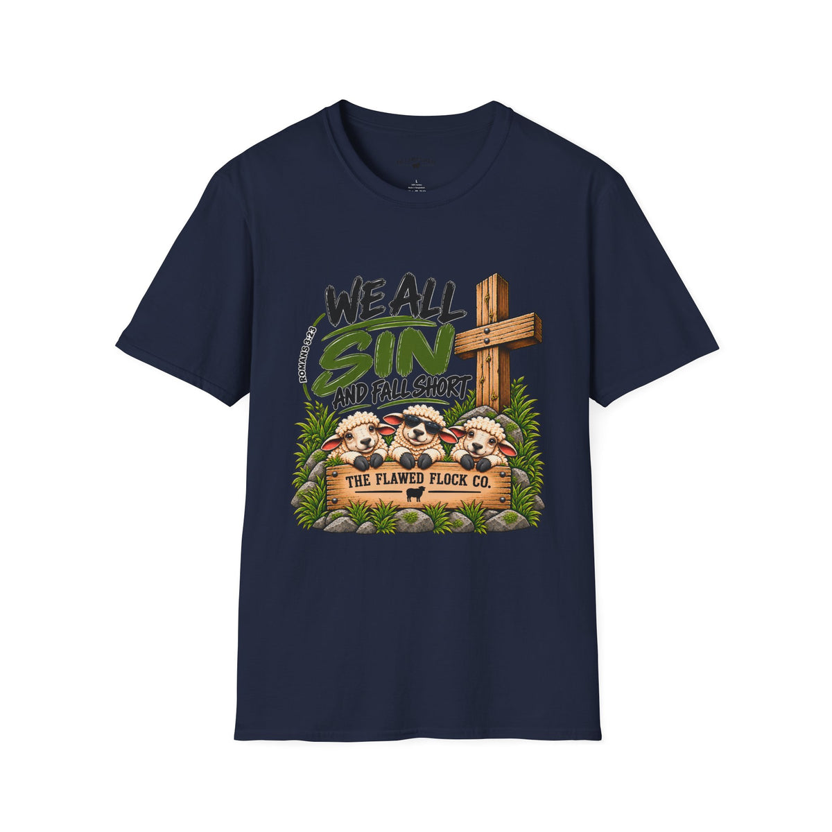We All Sin & Fall Short Christian Sheep T-Shirt – Romans 3:23