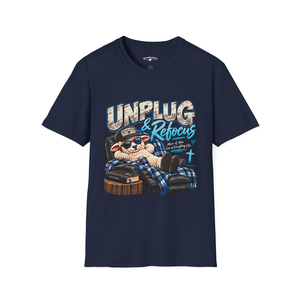Unplug & Refocus Christian Sheep T-Shirt – Matthew 6:33 Faith Graphic Tee