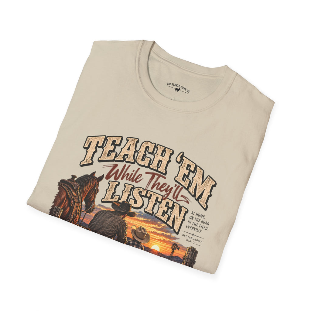 Teach ’Em While They’ll Listen Christian Men’s T-Shirt – Deuteronomy 6:6–7 Father & Son Faith Tee