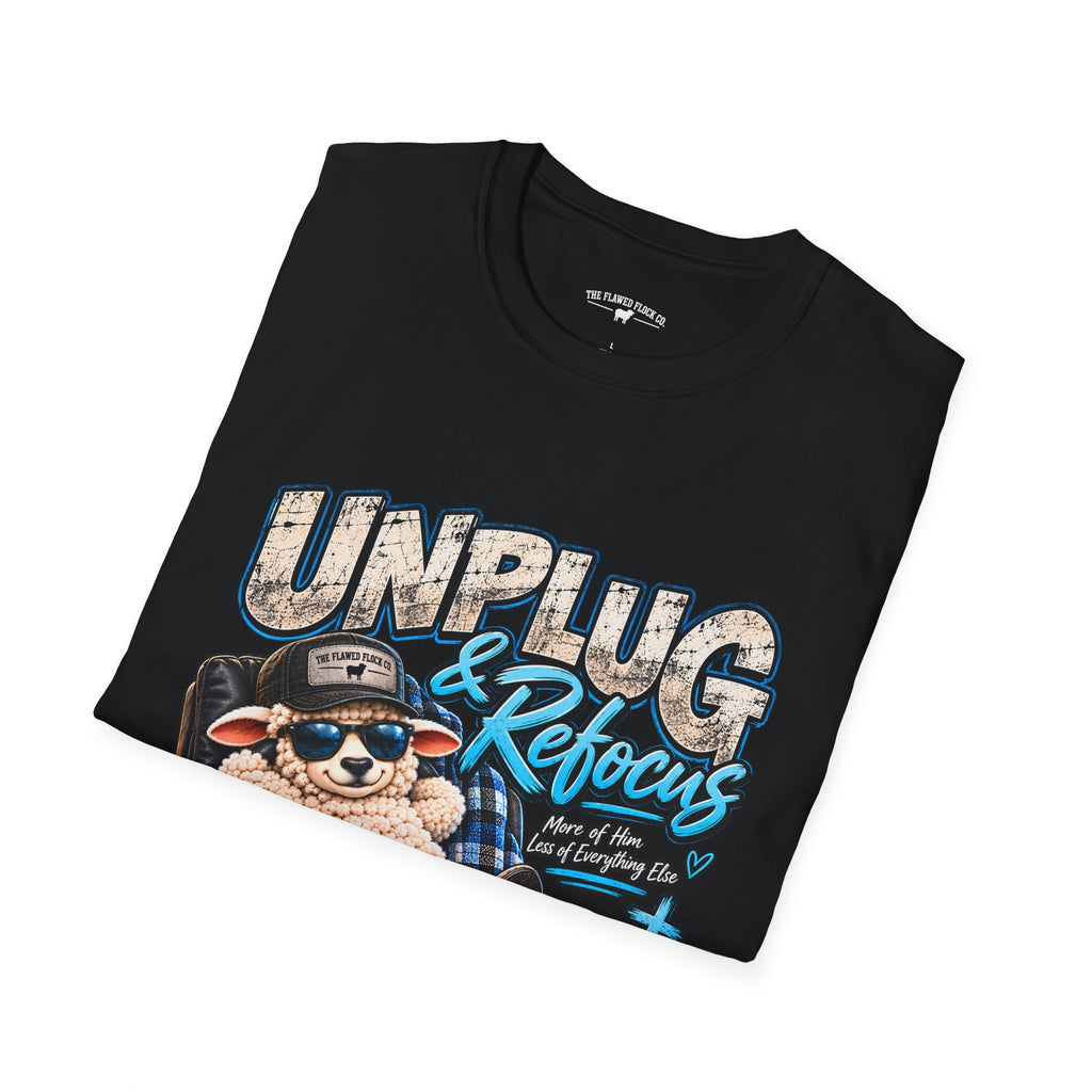Unplug & Refocus Christian Sheep T-Shirt – Matthew 6:33 Faith Graphic Tee