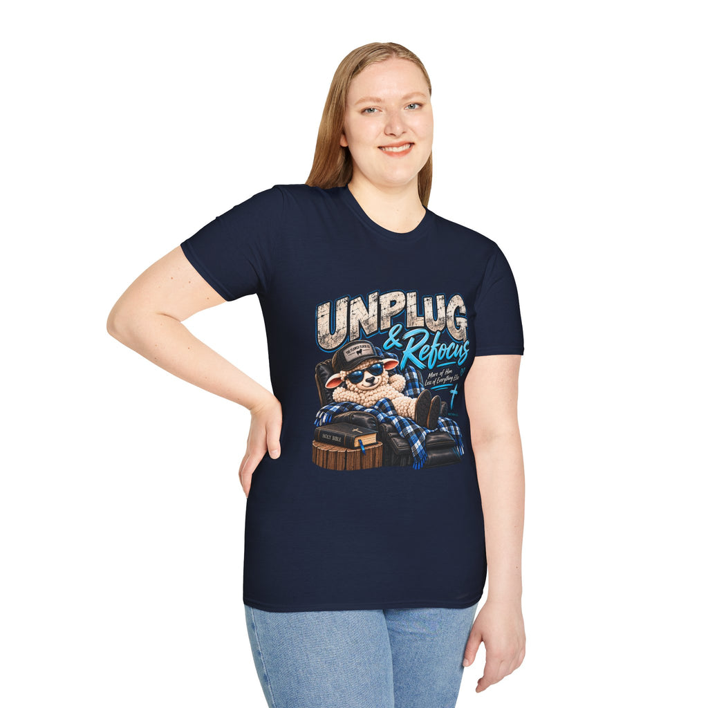 Unplug & Refocus Christian Sheep T-Shirt – Matthew 6:33 Faith Graphic Tee