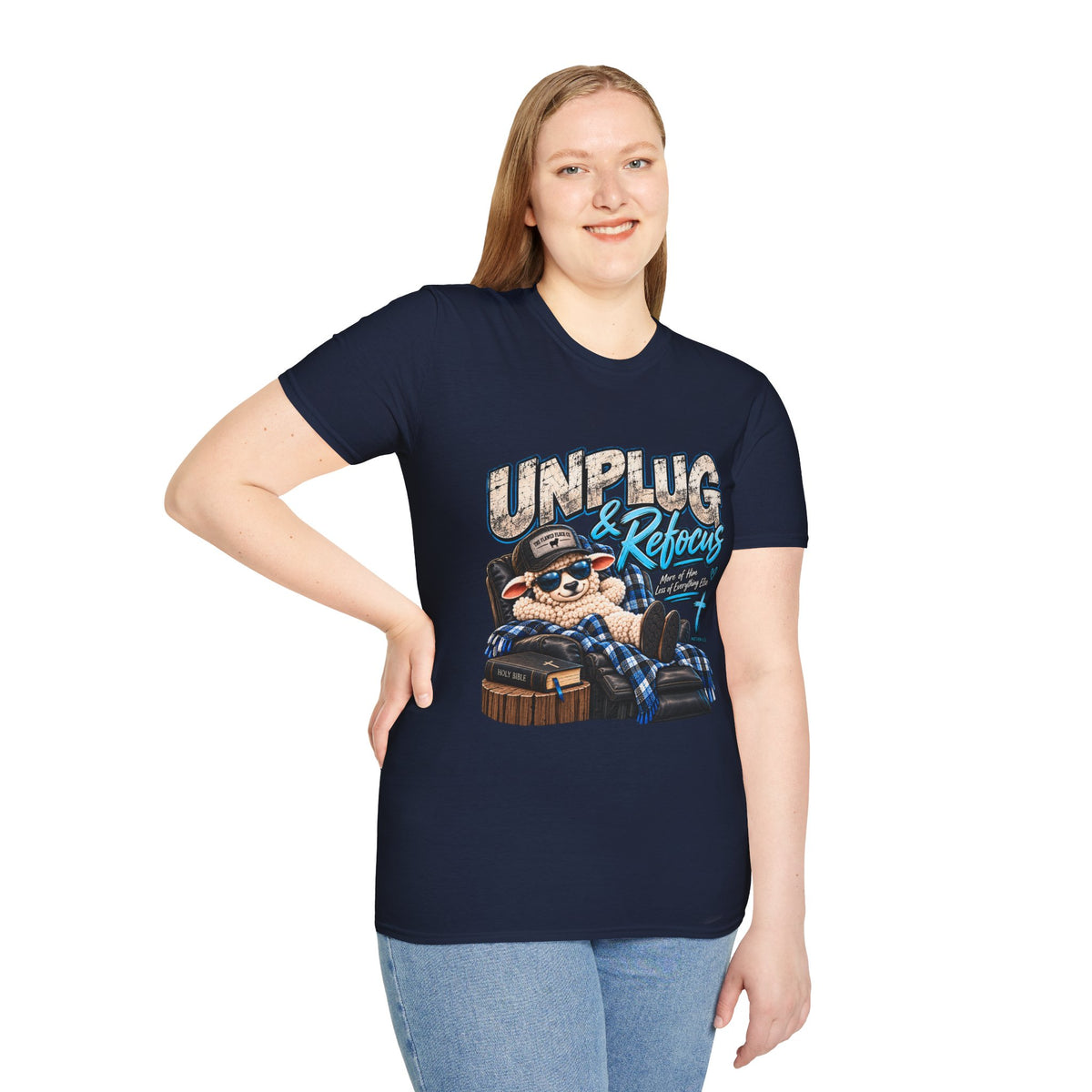 Unplug & Refocus Christian Sheep T-Shirt – Matthew 6:33 Faith Graphic Tee