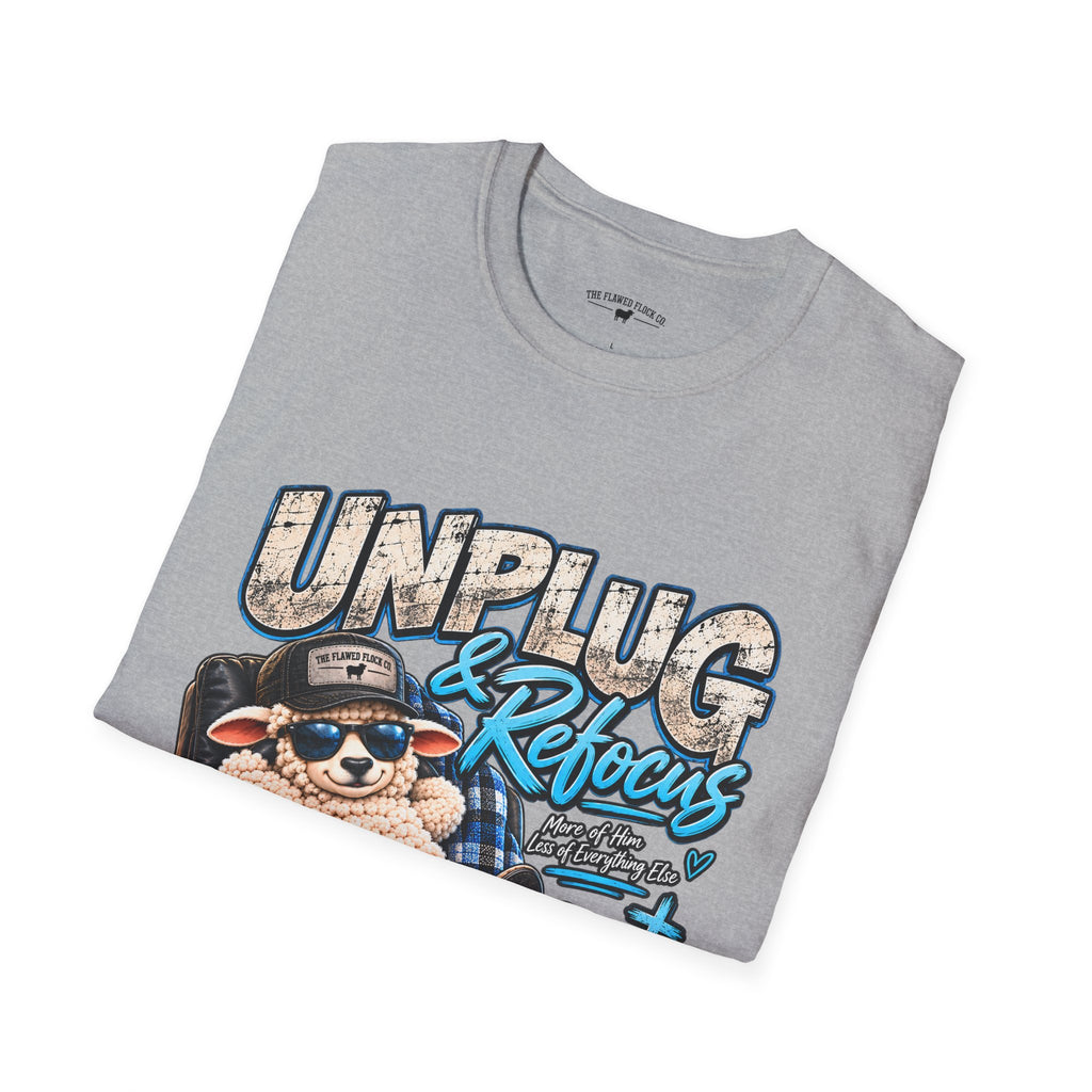 Unplug & Refocus Christian Sheep T-Shirt – Matthew 6:33 Faith Graphic Tee