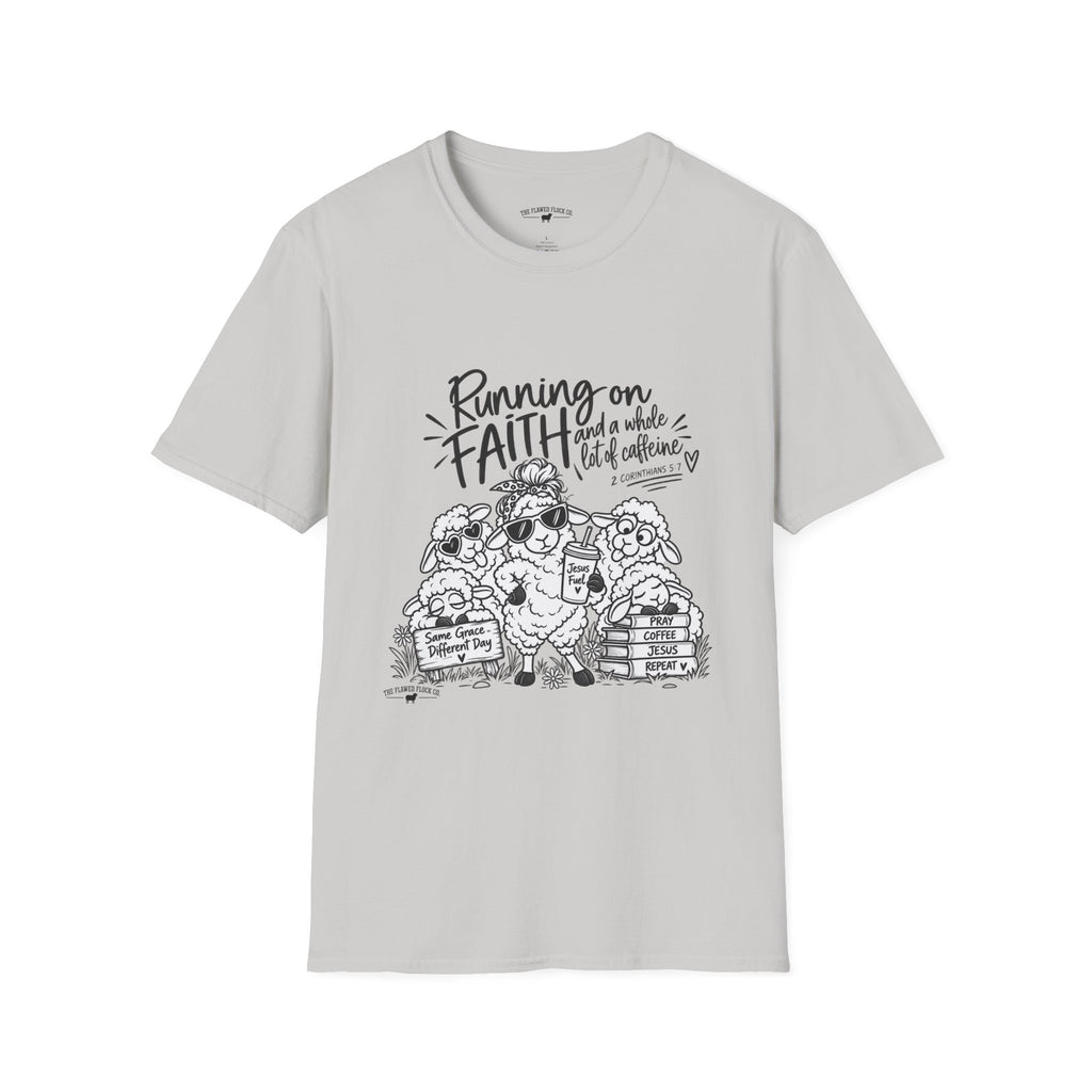 Running on Faith Christian Sheep T-Shirt – Pray Coffee Jesus Repeat Graphic Tee