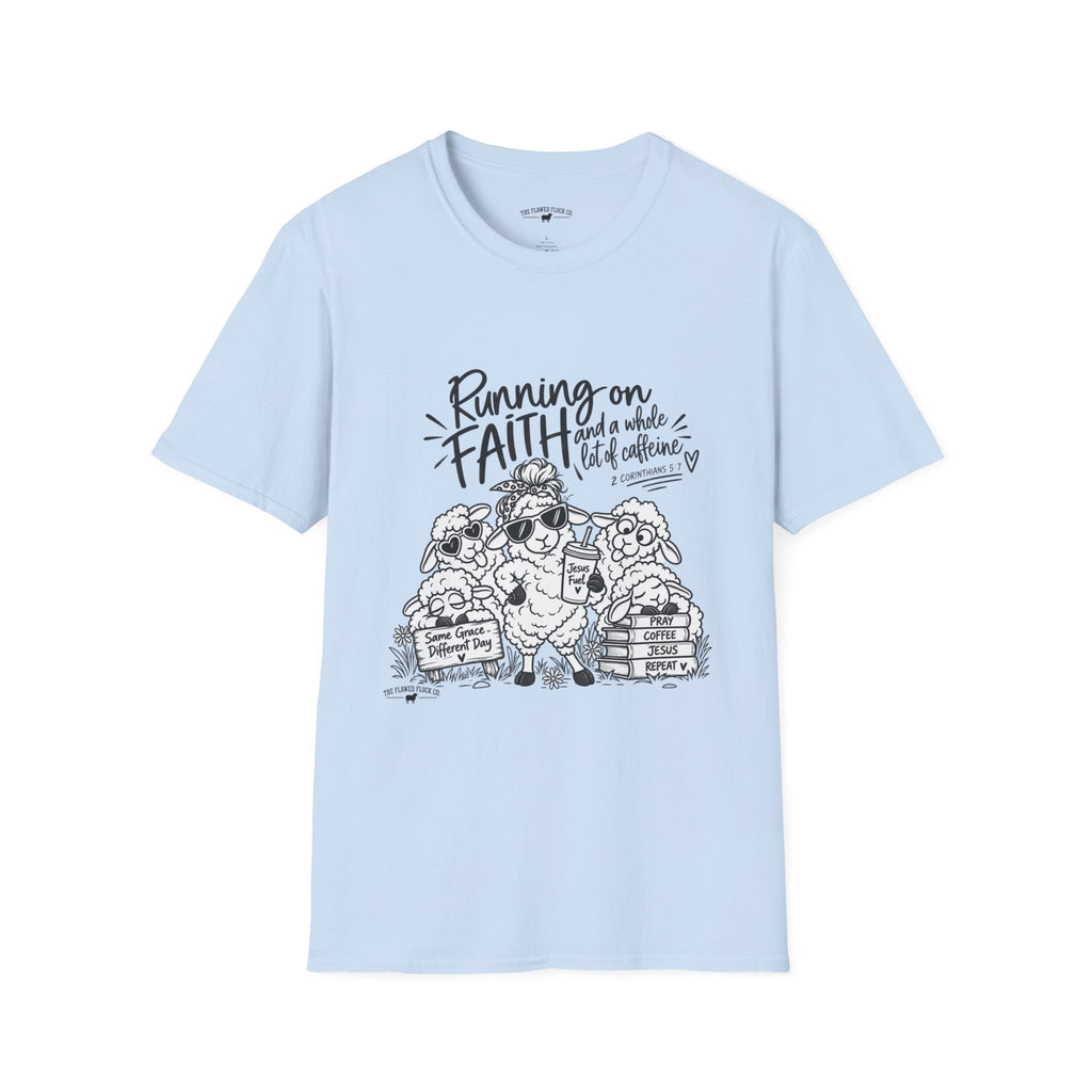 Running on Faith Christian Sheep T-Shirt – Pray Coffee Jesus Repeat Graphic Tee