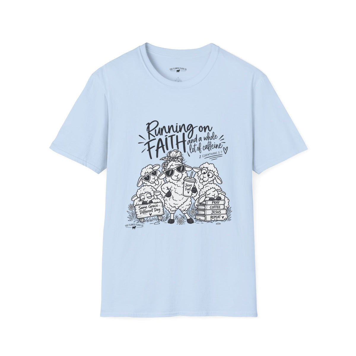 Running on Faith Christian Sheep T-Shirt – Pray Coffee Jesus Repeat Graphic Tee