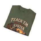 Teach ’Em While They’ll Listen Christian Men’s T-Shirt – Deuteronomy 6:6–7 Father & Son Faith Tee