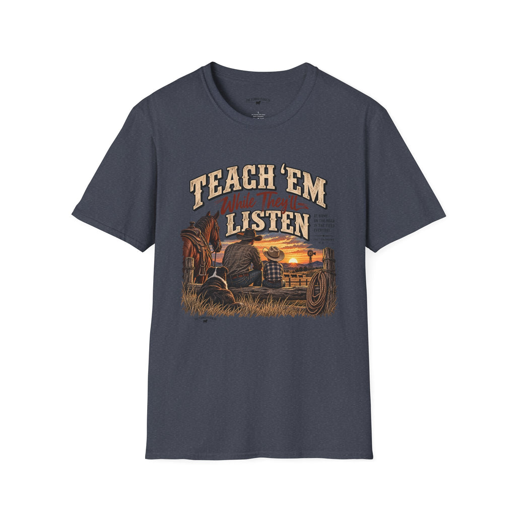 Teach ’Em While They’ll Listen Christian Men’s T-Shirt – Deuteronomy 6:6–7 Father & Son Faith Tee