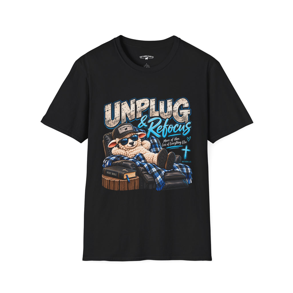 Unplug & Refocus Christian Sheep T-Shirt – Matthew 6:33 Faith Graphic Tee