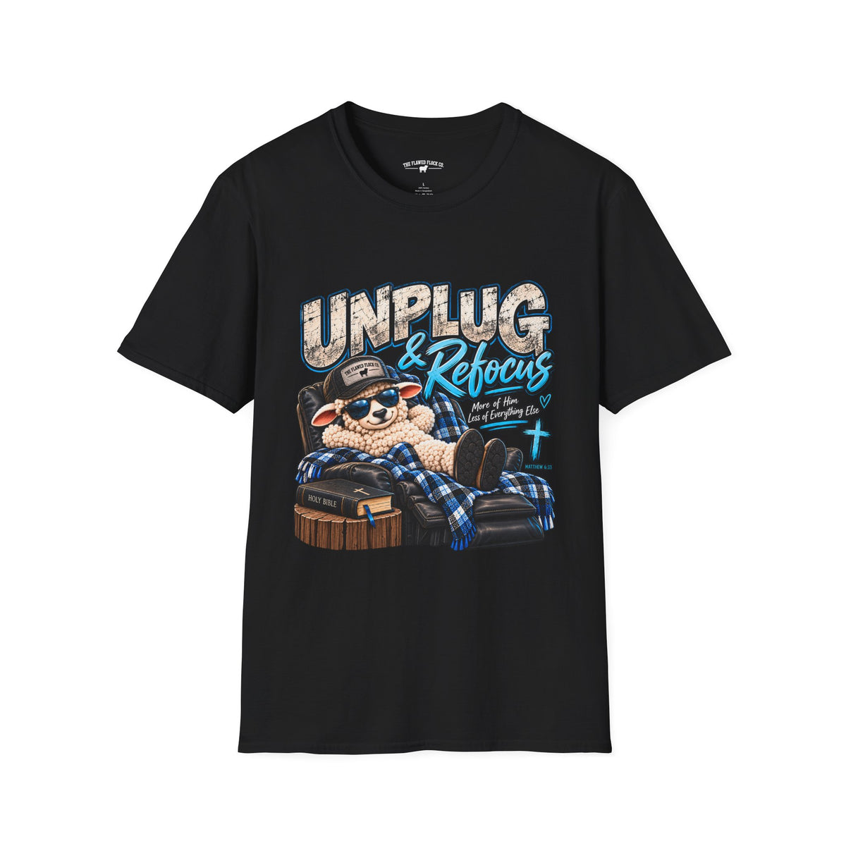 Unplug & Refocus Christian Sheep T-Shirt – Matthew 6:33 Faith Graphic Tee