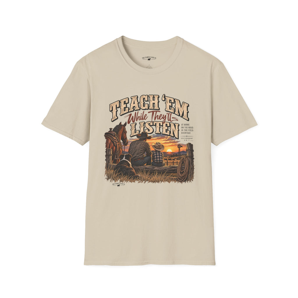 Teach ’Em While They’ll Listen Christian Men’s T-Shirt – Deuteronomy 6:6–7 Father & Son Faith Tee