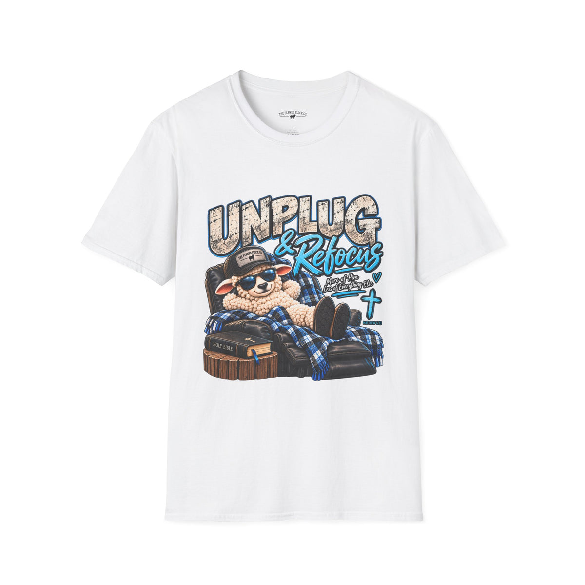Unplug & Refocus Christian Sheep T-Shirt – Matthew 6:33 Faith Graphic Tee