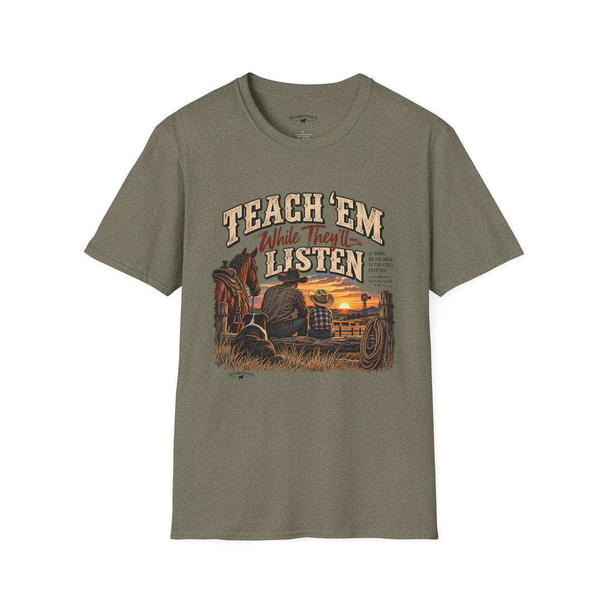 Teach ’Em While They’ll Listen Christian Men’s T-Shirt – Deuteronomy 6:6–7 Father & Son Faith Tee