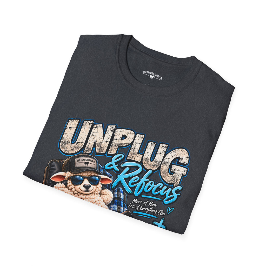 Unplug & Refocus Christian Sheep T-Shirt – Matthew 6:33 Faith Graphic Tee